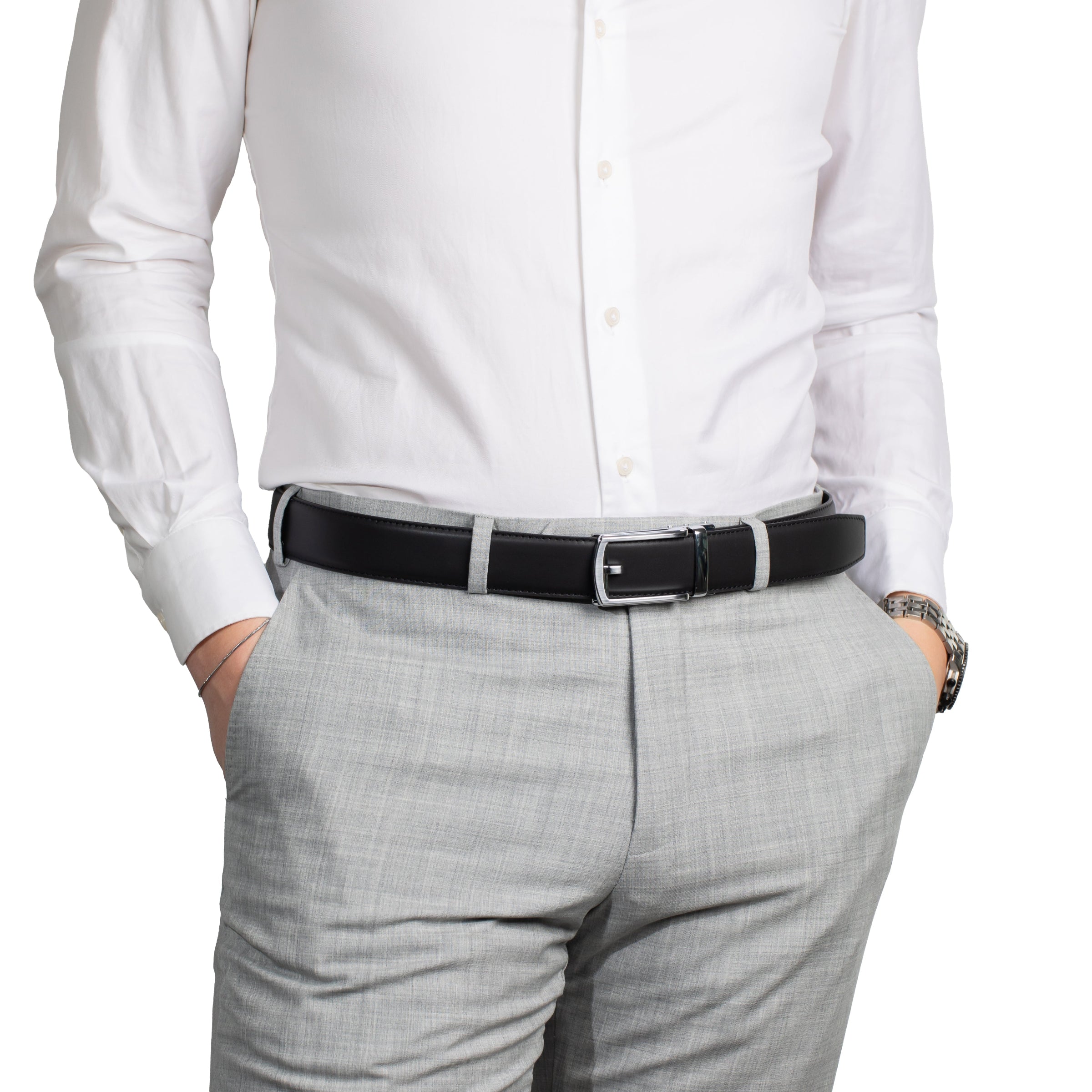 Black click belt with silver buckle