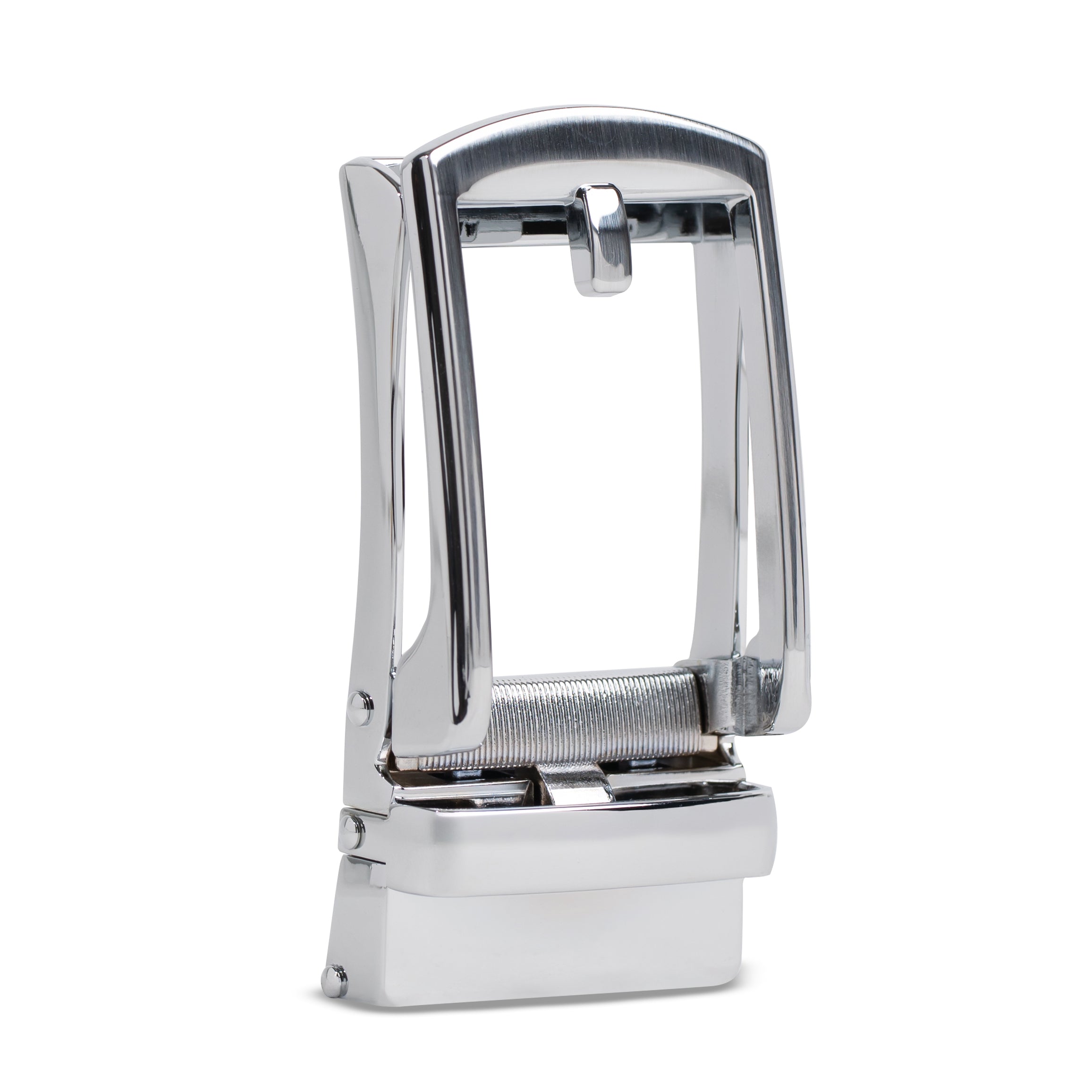 Elegant Silver Buckle with Click System designed for no-hole belts.