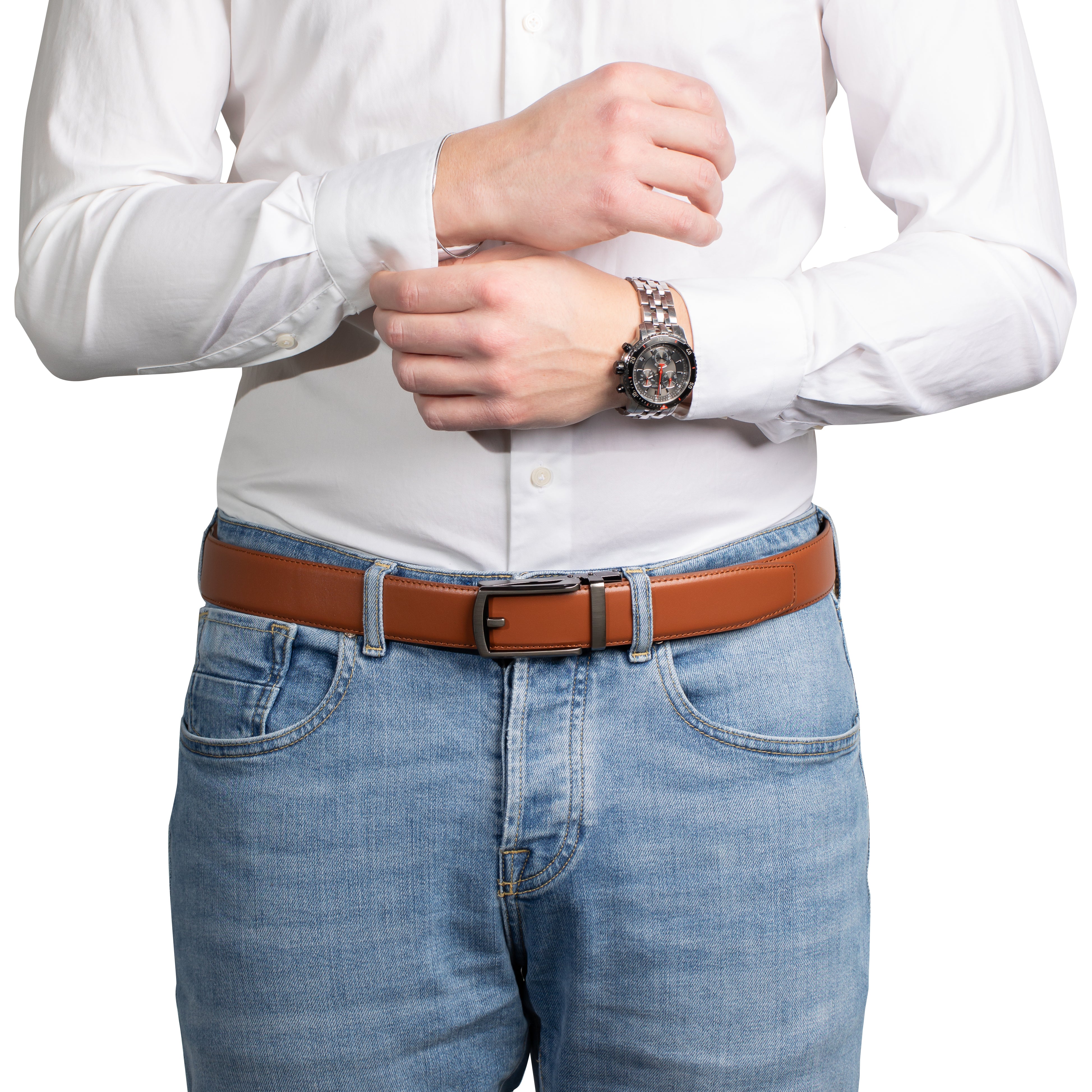 Cognac Leather Belt with Gunmetal Buckle