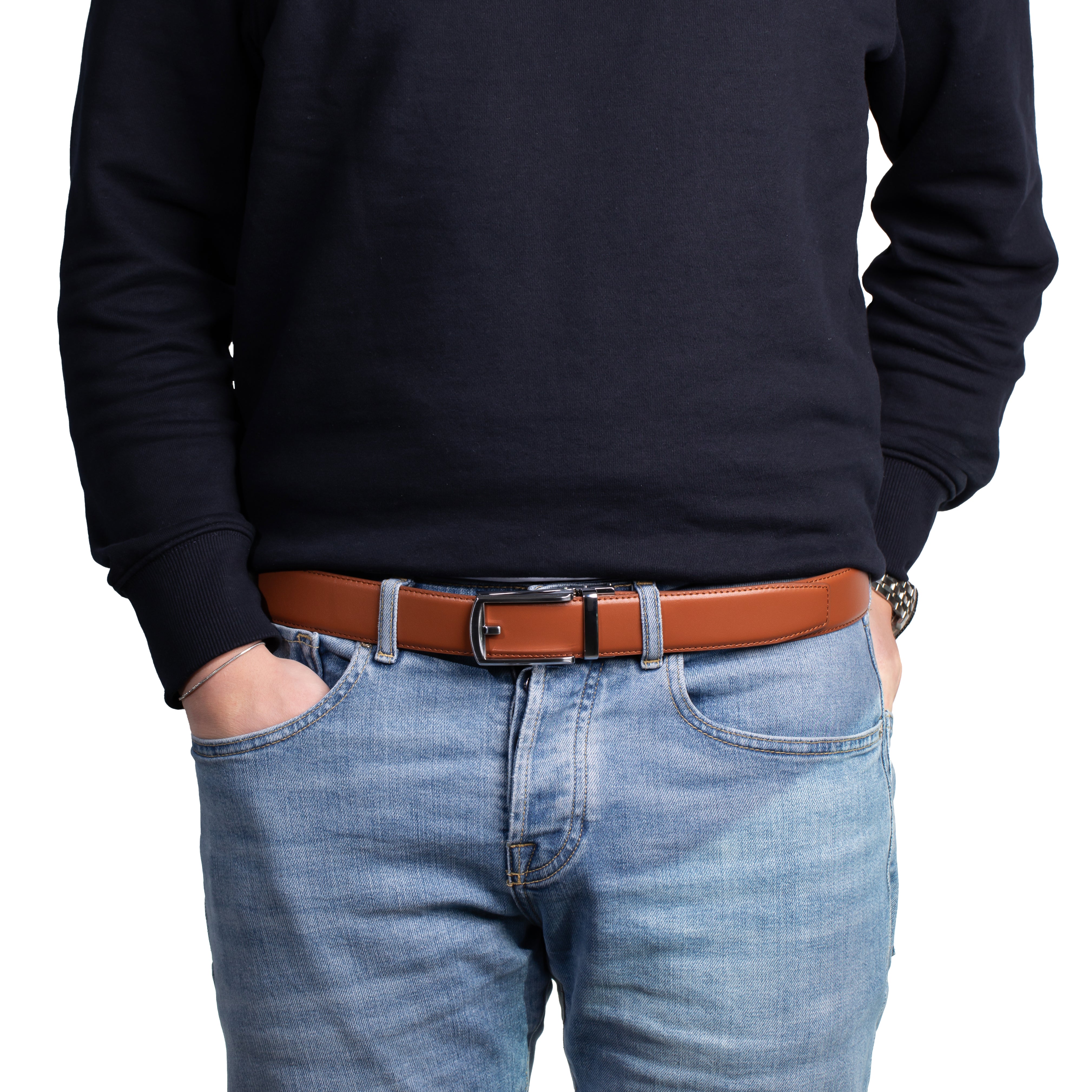 Cognac Leather Belt with silver Buckle